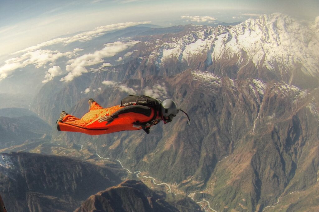 Wing suit flying requires intensive training especially over the Upper Himalaya.